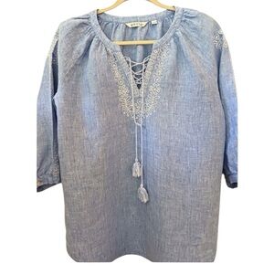 Orvis Sz XL Chambray Blue 100% Linen Top w Pretty White Embroidery Ties